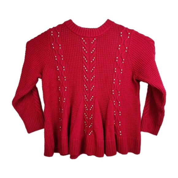 Roaman's Sweater Women's 14/16 Red Rhinestone Accents Cable Knit Pullover Crew - Picture 1 of 8